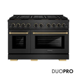 ZLINE Designer Collection 48 in. 6.7 cu. ft. Paramount Dual Fuel Range with 8 Burner DuoPro™ Cooktop and Dual Ovens in Black Satin Stainless Steel with Matte Black and Champagne Bronze Accents, Open Box-Good Condition