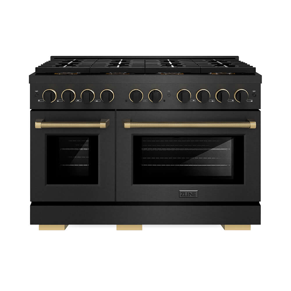 ZLINE Designer Collection 48 in. 6.7 cu. ft. Paramount Dual Fuel Range with 8 Burner DuoPro™ Cooktop and Dual Ovens in Black Satin Stainless Steel with Matte Black and Champagne Bronze Accents (PSDRBSZ-48-MBCB) on a white background