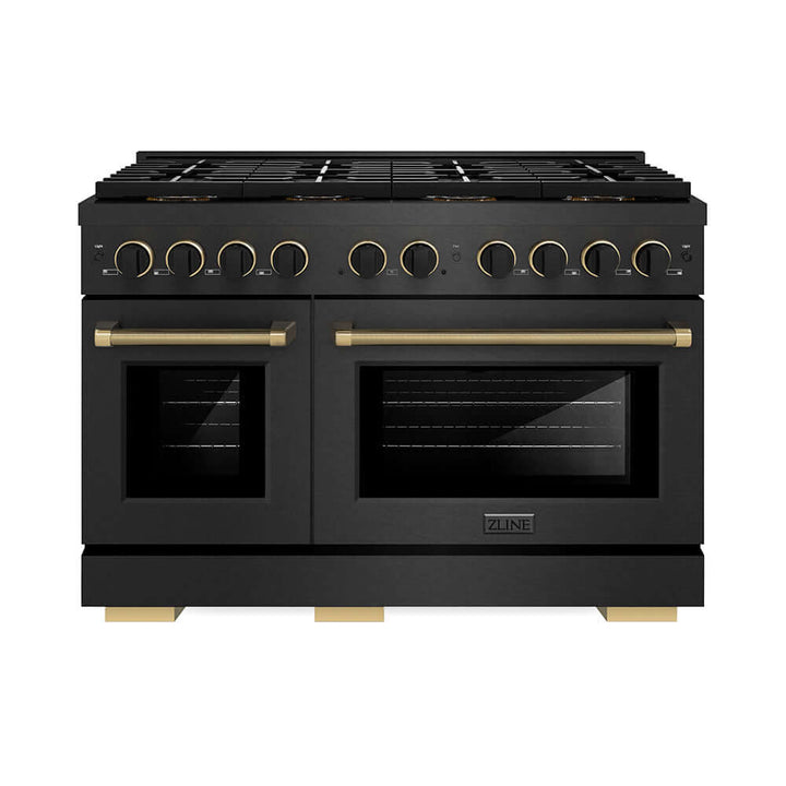 ZLINE Designer Collection 48 in. 6.7 cu. ft. Paramount Dual Fuel Range with 8 Burner DuoPro™ Cooktop and Dual Ovens in Black Satin Stainless Steel with Matte Black and Champagne Bronze Accents (PSDRBSZ-48-MBCB)
