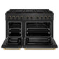 ZLINE Designer Collection 48 in. 6.7 cu. ft. Paramount Dual Fuel Range with 8 Burner DuoPro™ Cooktop and Dual Ovens in Black Satin Stainless Steel with Matte Black and Champagne Bronze Accents (PSDRBSZ-48-MBCB) front, oven open.