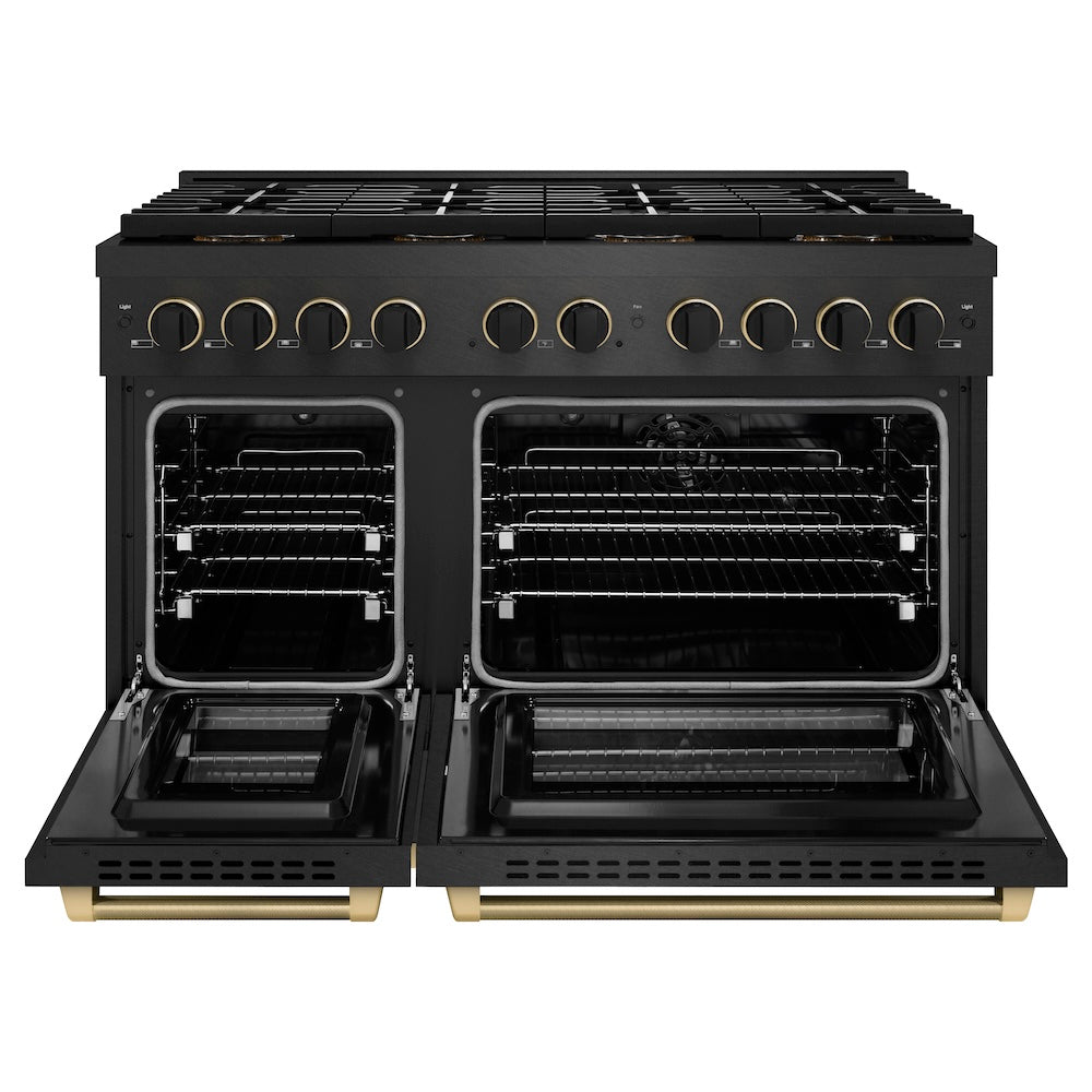ZLINE Designer Collection 48 in. 6.7 cu. ft. Paramount Dual Fuel Range with 8 Burner DuoPro™ Cooktop and Dual Ovens in Black Satin Stainless Steel with Matte Black and Champagne Bronze Accents, Open Box-Good Condition