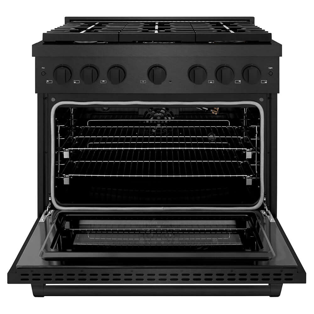 ZLINE 36 in. 5.2 cu. ft. Paramount Gas Range with 6 Burner Cooktop and Convection Gas Oven in Black Satin Stainless Steel (SGRBS-36) front, oven open.