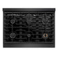 ZLINE 36 in. 5.2 cu. ft. Paramount Gas Range with 6 Burner Cooktop and Convection Gas Oven in Black Satin Stainless Steel (SGRBS-36) top-down, above cooktop.