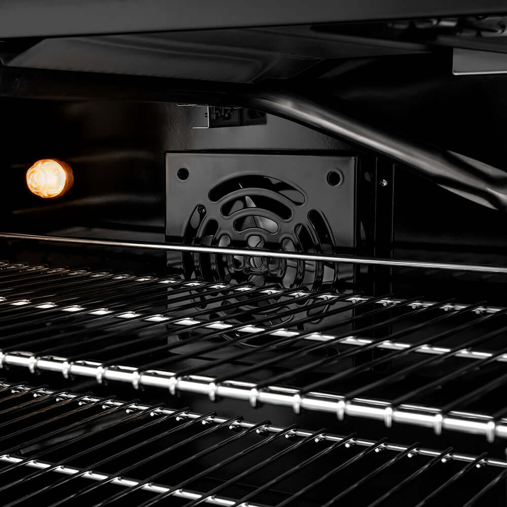 ZLINE 48 in. 6.7 cu. ft. Paramount Double Oven Gas Range with 8 Burner Cooktop in Black Satin Stainless Steel (SGRBS-48) convection fan and lighting inside oven.