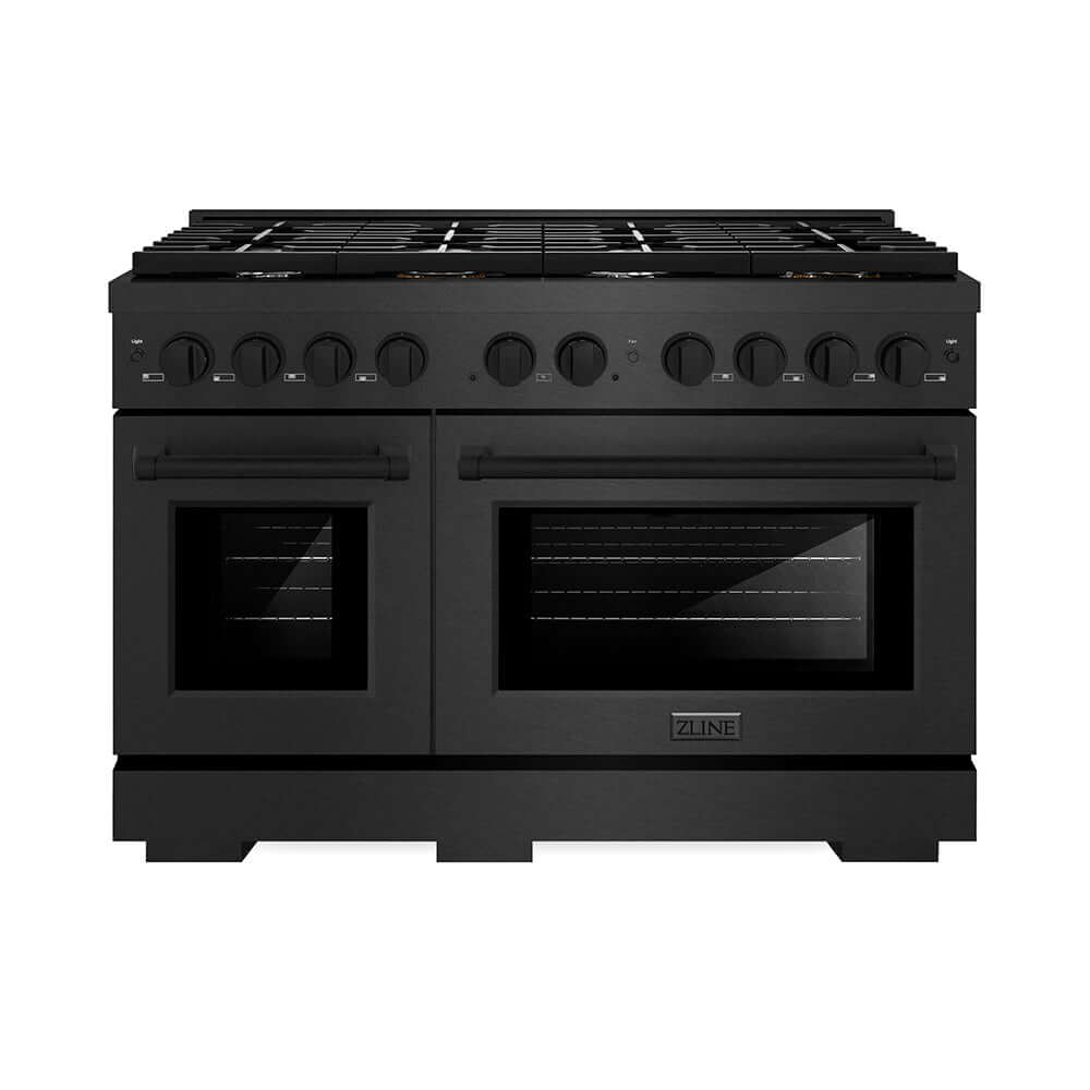 ZLINE 48 in. 6.7 cu. ft. Paramount Double Oven Gas Range with 8 Burner Cooktop in Black Satin Stainless Steel (SGRBS-48) front.