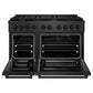 ZLINE 48 in. 6.7 cu. ft. Paramount Double Oven Gas Range with 8 Burner Cooktop in Black Satin Stainless Steel (SGRBS-48) front, oven open.