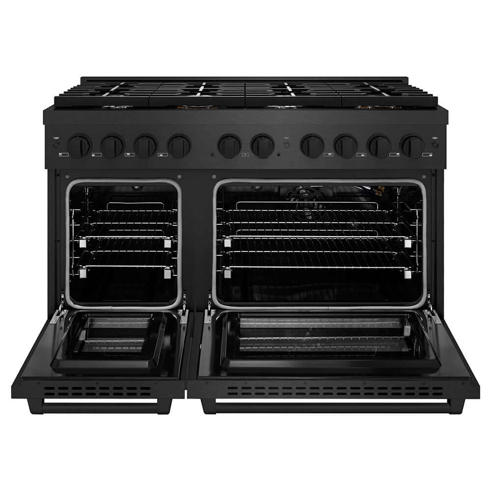 ZLINE 48 in. 6.7 cu. ft. Paramount Double Oven Gas Range with 8 Burner Cooktop in Black Satin Stainless Steel (SGRBS-48) front, oven open.