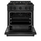ZLINE 30 in. 4.2 cu. ft. Paramount Gas Range with Convection Gas Oven in Black Satin Stainless Steel with 4 Brass Burners (SGRBS-BR-30) front, oven open.