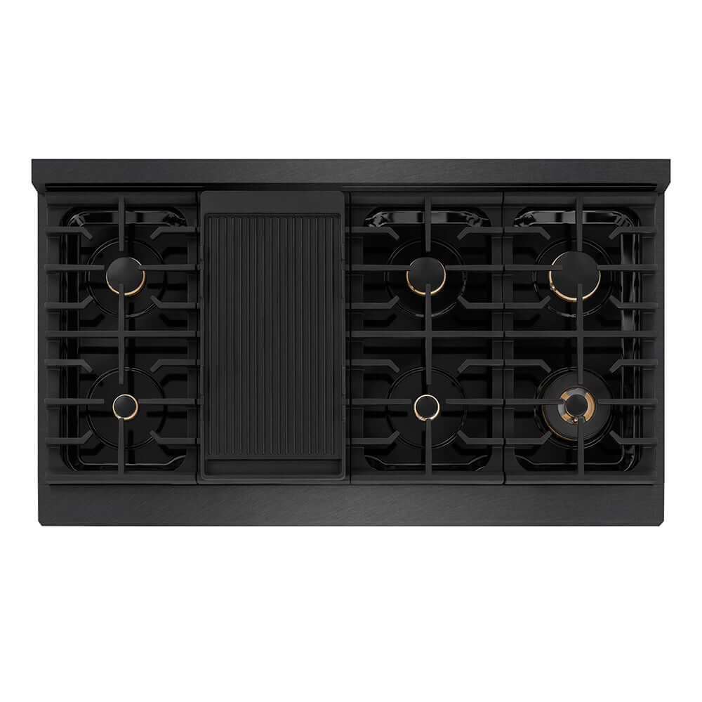 ZLINE 48 in. 6.7 cu. ft. Paramount Double Oven Gas Range in Black Satin Stainless Steel with 8 Brass Burners (SGRBS-BR-48) top-down, above cooktop.