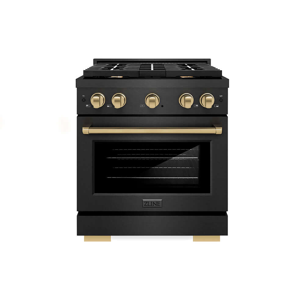 ZLINE Autograph Edition 30 in. 4.2 cu. ft. Paramount Gas Range with 4 Burner Cooktop and Convection Gas Oven in Black Satin Stainless Steel and Champagne Bronze Accents (SGRBSZ-30-CB) front.