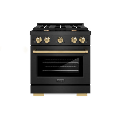 ZLINE Autograph Edition 30 in. 4.2 cu. ft. Paramount Gas Range with 4 Burner Cooktop and Convection Gas Oven in Black Satin Stainless Steel and Champagne Bronze Accents, Open Box-Good Condition