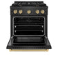 ZLINE Autograph Edition 30 in. 4.2 cu. ft. Paramount Gas Range with 4 Burner Cooktop and Convection Gas Oven in Black Satin Stainless Steel and Champagne Bronze Accents (SGRBSZ-30-CB) front, oven open.