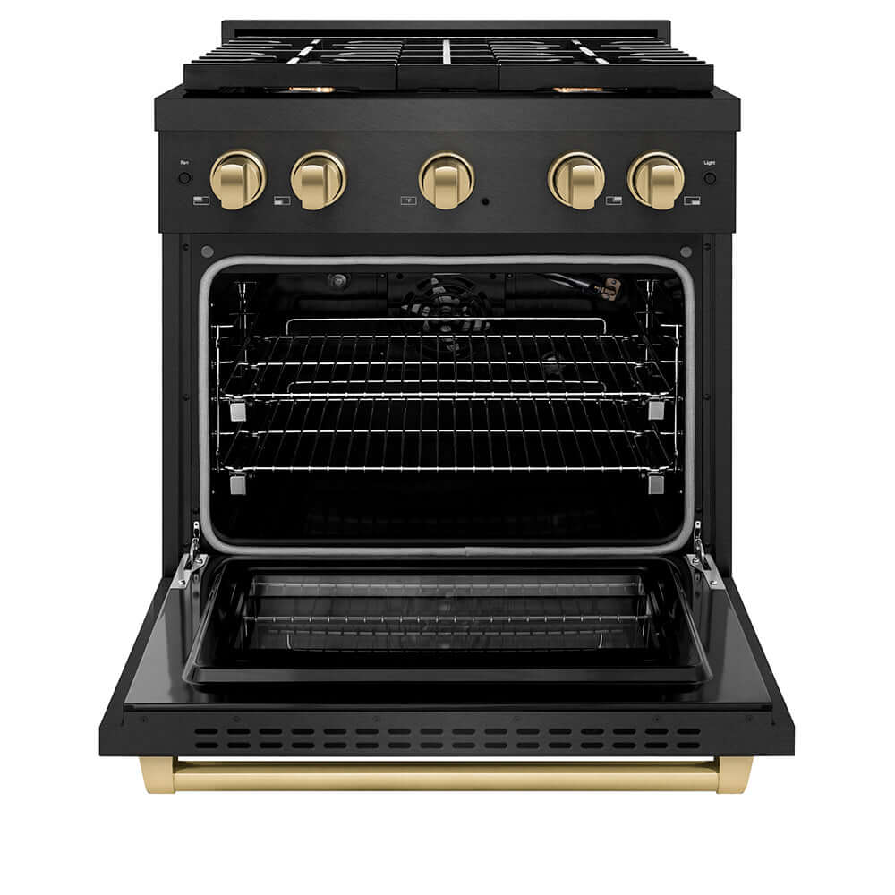 ZLINE Autograph Edition 30 in. 4.2 cu. ft. Paramount Gas Range with 4 Burner Cooktop and Convection Gas Oven in Black Satin Stainless Steel and Champagne Bronze Accents (SGRBSZ-30-CB) front, oven open.