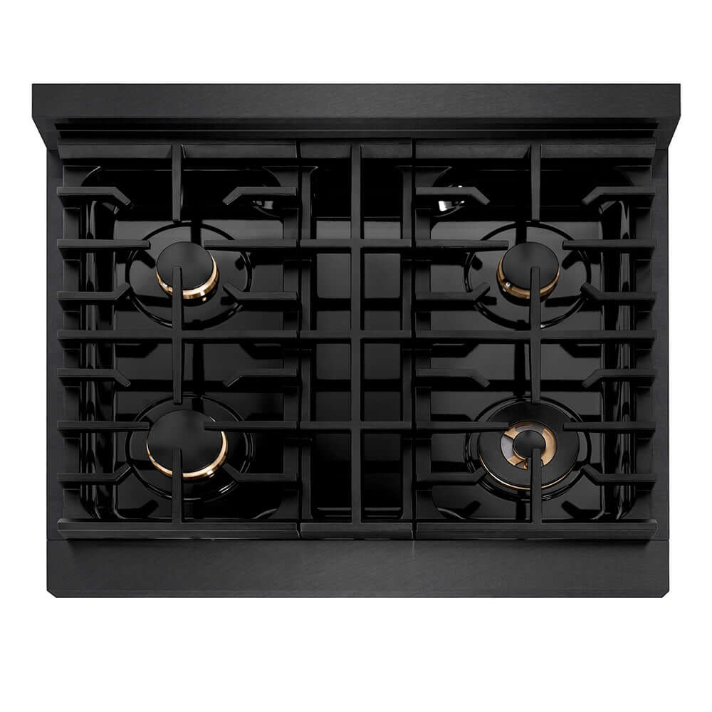 ZLINE Autograph Edition 30 in. 4.2 cu. ft. Paramount Gas Range with 4 Burner Cooktop and Convection Gas Oven in Black Satin Stainless Steel and Champagne Bronze Accents (SGRBSZ-30-CB) top-down, above cooktop.