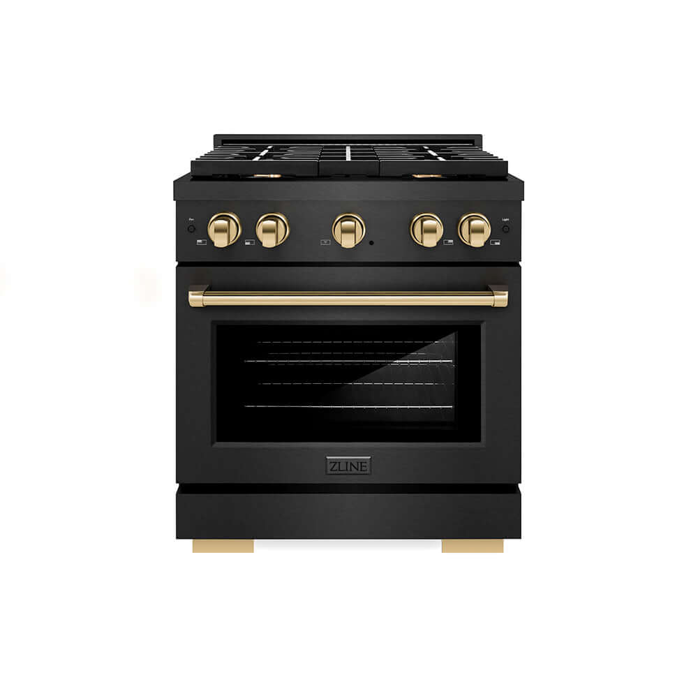 ZLINE Autograph Edition 30 in. 4.2 cu. ft. Paramount Gas Range with 4 Burner Cooktop and Convection Gas Oven in Black Satin Stainless Steel and Polished Gold Accents (SGRBSZ-30-G) front.