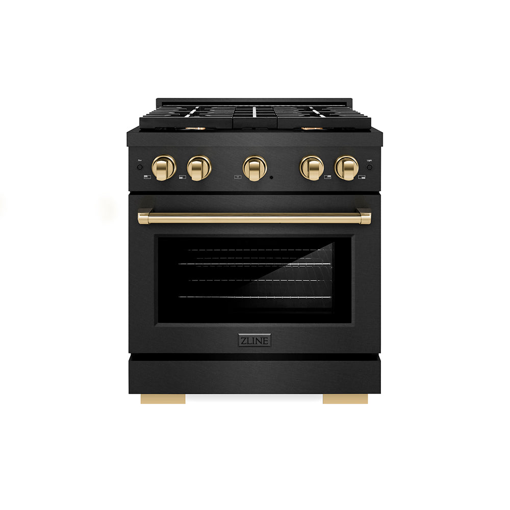 ZLINE Autograph Edition 30 in. 4.2 cu. ft. Paramount Gas Range with 4 Burner Cooktop and Convection Gas Oven in Black Satin Stainless Steel and Polished Gold Accents, Open Box-Great Condition main image.