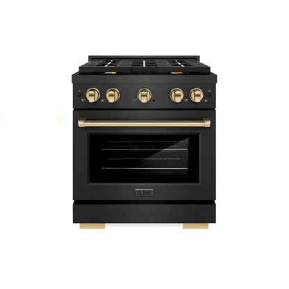 ZLINE Autograph Edition 30 in. 4.2 cu. ft. Paramount Gas Range with 4 Burner Cooktop and Convection Gas Oven in Black Satin Stainless Steel and Polished Gold Accents, Open Box-Great Condition