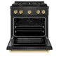 ZLINE Autograph Edition 30 in. 4.2 cu. ft. Paramount Gas Range with 4 Burner Cooktop and Convection Gas Oven in Black Satin Stainless Steel and Polished Gold Accents (SGRBSZ-30-G) front, oven open.