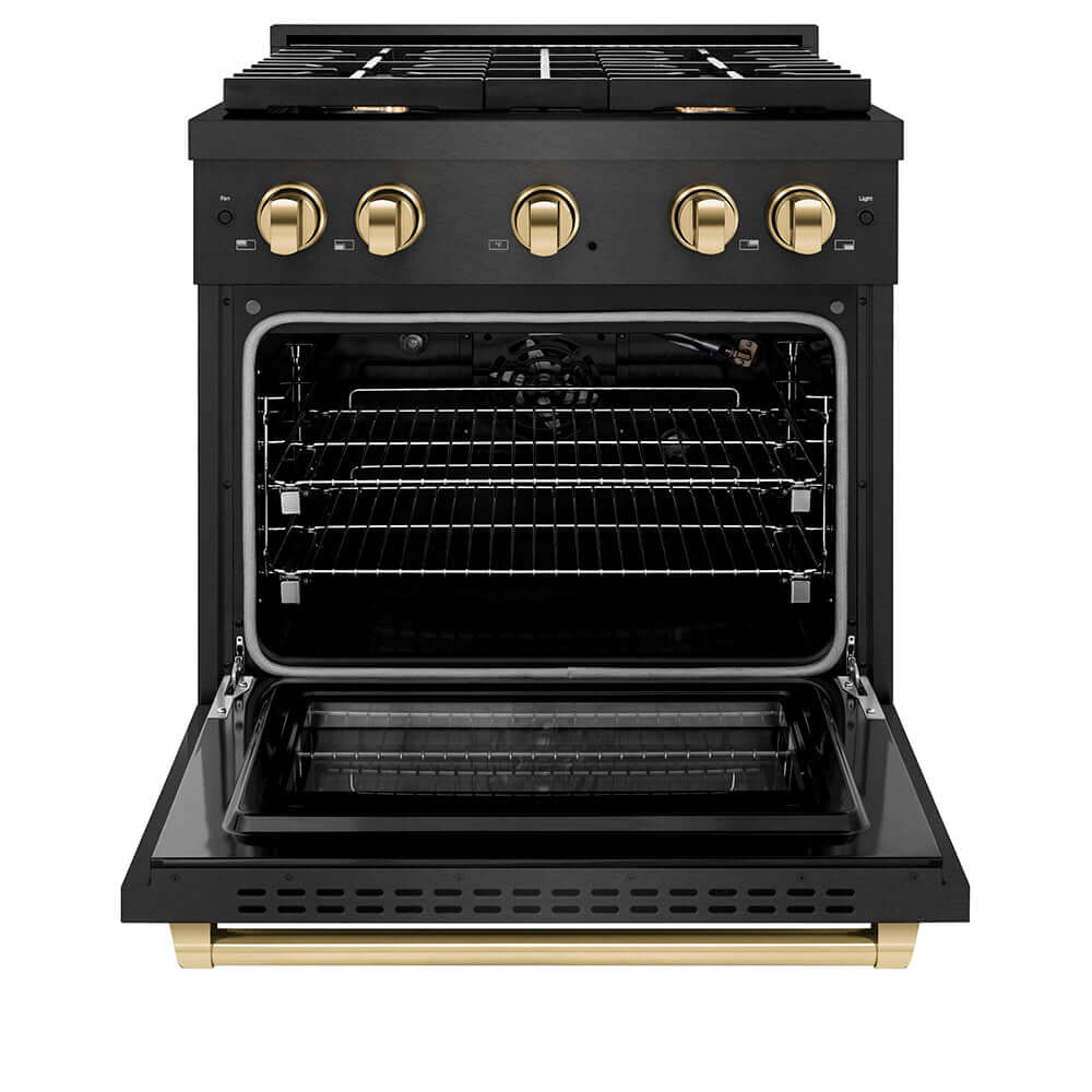 ZLINE Autograph Edition 30 in. 4.2 cu. ft. Paramount Gas Range with 4 Burner Cooktop and Convection Gas Oven in Black Satin Stainless Steel and Polished Gold Accents (SGRBSZ-30-G) front, oven open.