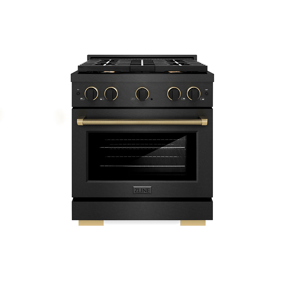 ZLINE Designer Collection 30 in. 4.2 cu. ft. Paramount Gas Range with 4 Burner Cooktop and Convection Gas Oven in Black Satin Stainless Steel with Matte Black and Champagne Bronze Accents, Open Box-Great Condition main image.