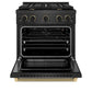 ZLINE Designer Collection 30 in. 4.2 cu. ft. Paramount Gas Range with 4 Burner Cooktop and Convection Gas Oven in Black Satin Stainless Steel with Matte Black and Champagne Bronze Accents (SGRBSZ-30-MBCB) front, oven open.