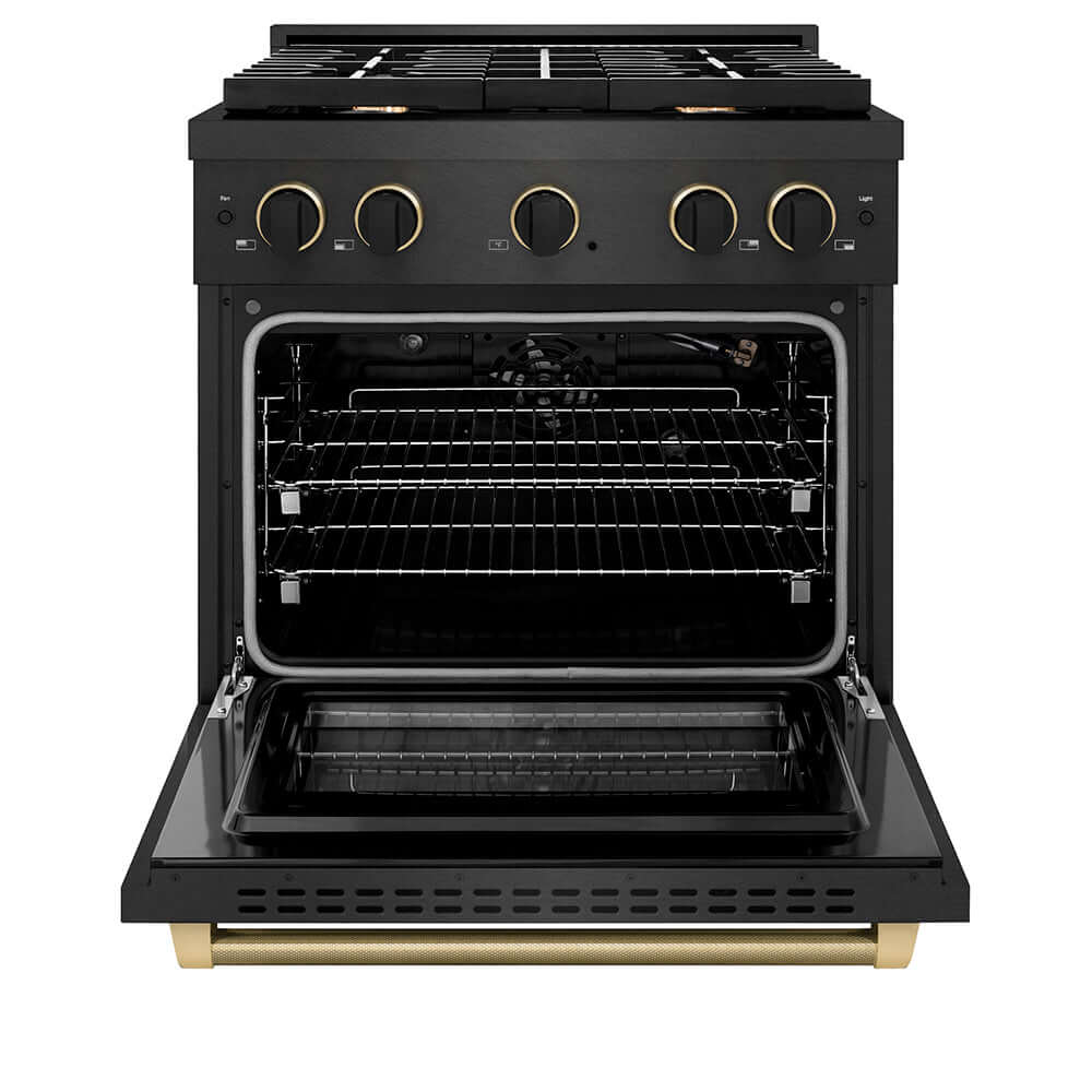ZLINE Designer Collection 30 in. 4.2 cu. ft. Paramount Gas Range with 4 Burner Cooktop and Convection Gas Oven in Black Satin Stainless Steel with Matte Black and Champagne Bronze Accents (SGRBSZ-30-MBCB) front, oven open.