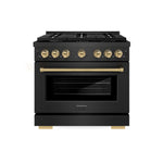 ZLINE Autograph Edition 36 in. 5.2 cu. ft. Paramount Gas Range with 6 Burner Cooktop and Convection Gas Oven in Black Satin Stainless Steel and Champagne Bronze Accents (SGRBSZ-36-CB) front.