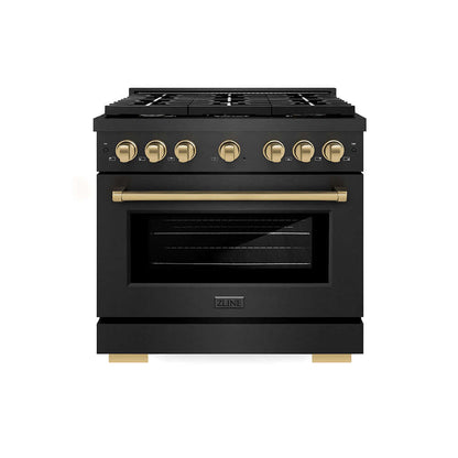 ZLINE Autograph Edition 36 in. 5.2 cu. ft. Paramount Gas Range with 6 Burner Cooktop and Convection Gas Oven in Black Satin Stainless Steel and Champagne Bronze Accents (SGRBSZ-36-CB) front.