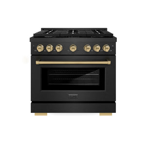 ZLINE Autograph Edition 36 in. 5.2 cu. ft. Paramount Gas Range with 6 Burner Cooktop and Convection Gas Oven in Black Satin Stainless Steel and Champagne Bronze Accents, Open Box-Good Condition main image.