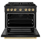 ZLINE Autograph Edition 36 in. 5.2 cu. ft. Paramount Gas Range with 6 Burner Cooktop and Convection Gas Oven in Black Satin Stainless Steel and Champagne Bronze Accents (SGRBSZ-36-CB) front, oven open.