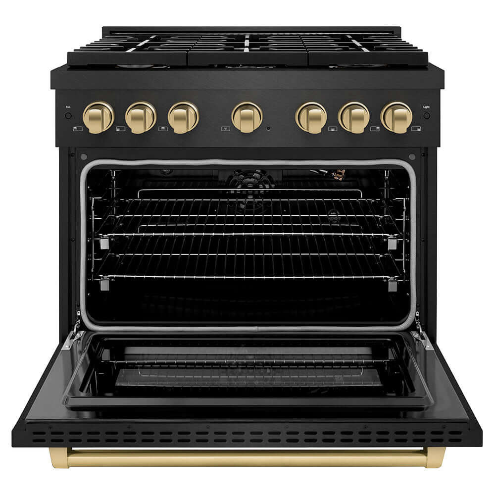 ZLINE Autograph Edition 36 in. 5.2 cu. ft. Paramount Gas Range with 6 Burner Cooktop and Convection Gas Oven in Black Satin Stainless Steel and Champagne Bronze Accents (SGRBSZ-36-CB) front, oven open.