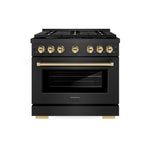 ZLINE Autograph Edition 36 in. 5.2 cu. ft. Paramount Gas Range with 6 Burner Cooktop and Convection Gas Oven in Black Satin Stainless Steel and Polished Gold Accents (SGRBSZ-36-G) front.