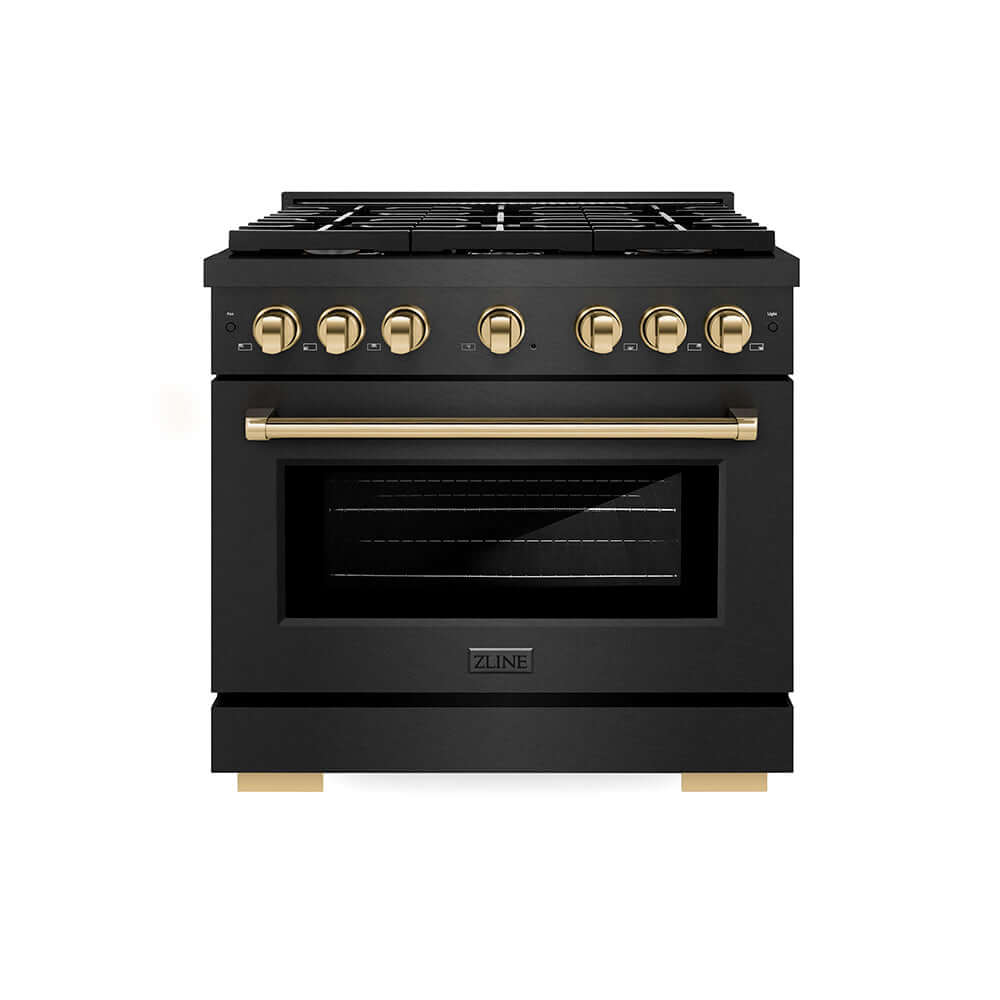 ZLINE Autograph Edition 36 in. 5.2 cu. ft. Paramount Gas Range with 6 Burner Cooktop and Convection Gas Oven in Black Satin Stainless Steel and Polished Gold Accents (SGRBSZ-36-G) front.