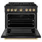 ZLINE Autograph Edition 36 in. 5.2 cu. ft. Paramount Gas Range with 6 Burner Cooktop and Convection Gas Oven in Black Satin Stainless Steel and Polished Gold Accents (SGRBSZ-36-G) front, oven open.