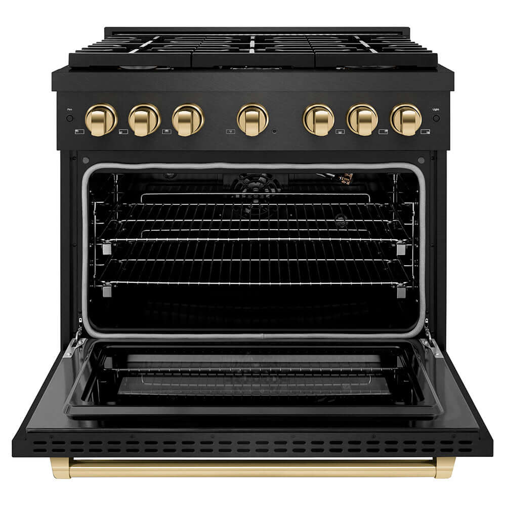 ZLINE Autograph Edition 36 in. 5.2 cu. ft. Paramount Gas Range with 6 Burner Cooktop and Convection Gas Oven in Black Satin Stainless Steel and Polished Gold Accents (SGRBSZ-36-G) front, oven open.