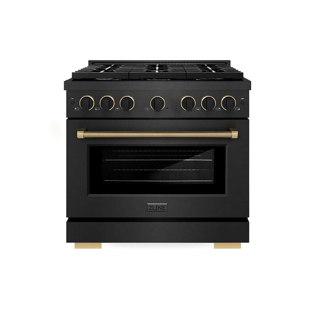 ZLINE Designer Collection 36 in. 5.2 cu. ft. Paramount Gas Range with 6 Burner Cooktop and Convection Gas Oven in Black Satin Stainless Steel with Matte Black and Champagne Bronze Accents (SGRBSZ-36-MBCB) front.