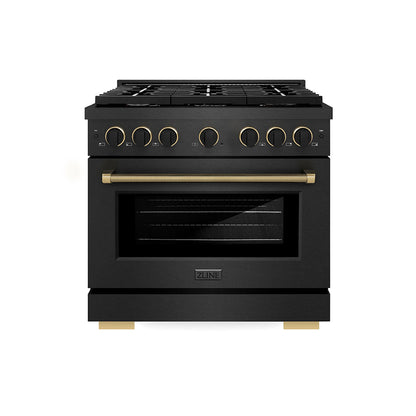 ZLINE Designer Collection 36 in. 5.2 cu. ft. Paramount Gas Range with 6 Burner Cooktop and Convection Gas Oven in Black Satin Stainless Steel with Matte Black and Champagne Bronze Accents, Open Box-Great Condition