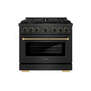 ZLINE Designer Collection 36 in. 5.2 cu. ft. Paramount Gas Range with 6 Burner Cooktop and Convection Gas Oven in Black Satin Stainless Steel with Matte Black and Champagne Bronze Accents, Open Box-Good Condition main image.