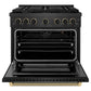 ZLINE Designer Collection 36 in. 5.2 cu. ft. Paramount Gas Range with 6 Burner Cooktop and Convection Gas Oven in Black Satin Stainless Steel with Matte Black and Champagne Bronze Accents, Open Box-Good Condition
