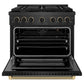 ZLINE Designer Collection 36 in. 5.2 cu. ft. Paramount Gas Range with 6 Burner Cooktop and Convection Gas Oven in Black Satin Stainless Steel with Matte Black and Champagne Bronze Accents, Open Box-Great Condition