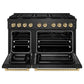 ZLINE Autograph Edition 48 in. 6.7 cu. ft. Paramount Double Oven Gas Range with 8 Burner Cooktop in Black Satin Stainless Steel and Champagne Bronze Accents (SGRBSZ-48-CB) front, oven open.