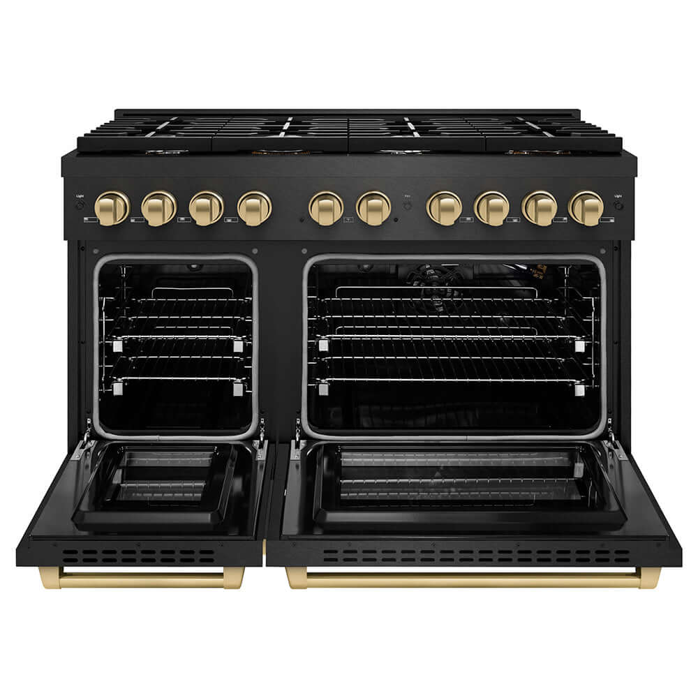 ZLINE Autograph Edition 48 in. 6.7 cu. ft. Paramount Double Oven Gas Range with 8 Burner Cooktop in Black Satin Stainless Steel and Champagne Bronze Accents (SGRBSZ-48-CB) front, oven open.