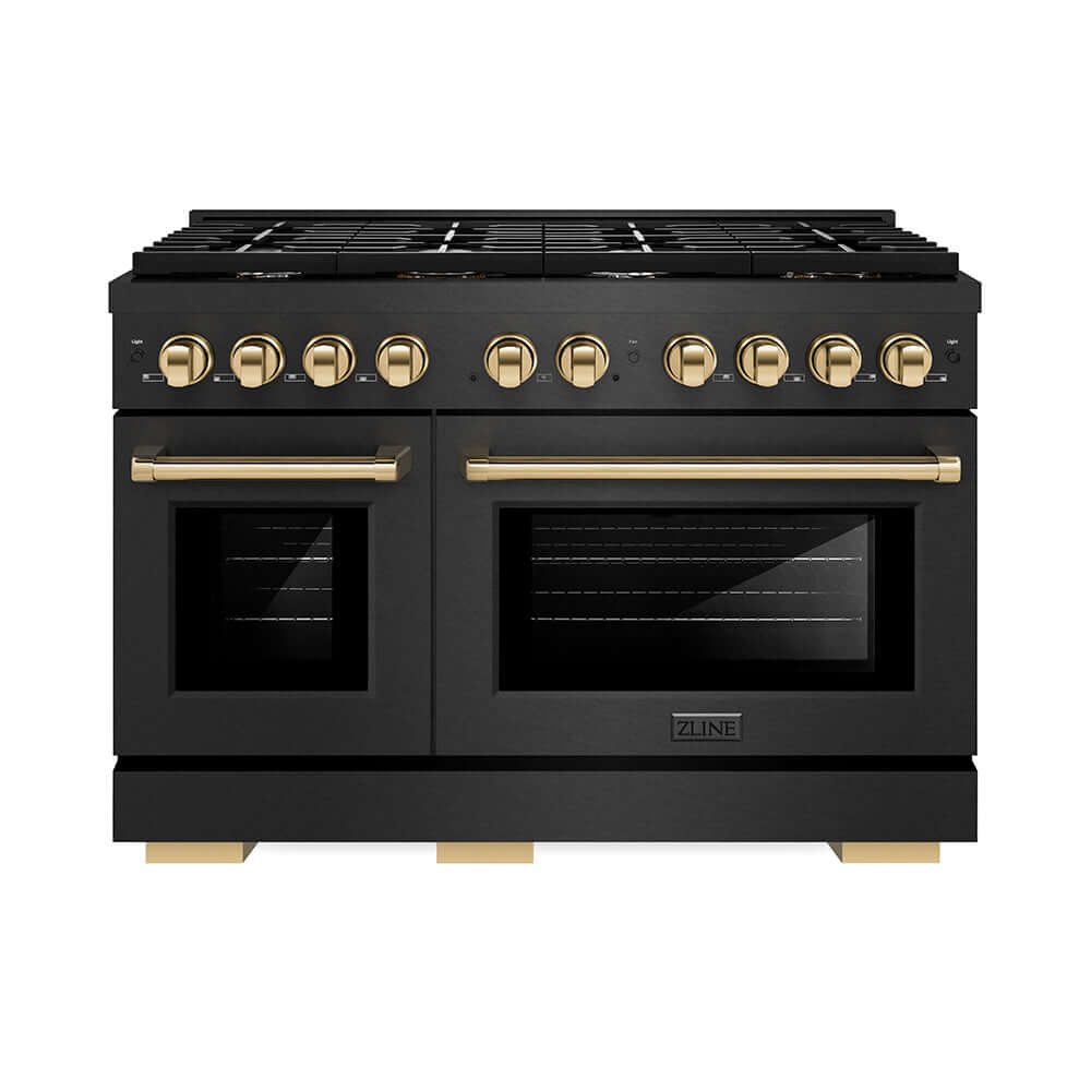 ZLINE Autograph Edition 48 in. 6.7 cu. ft. Paramount Double Oven Gas Range with 8 Burner Cooktop in Black Satin Stainless Steel and Polished Gold Accents (SGRBSZ-48-G) front.