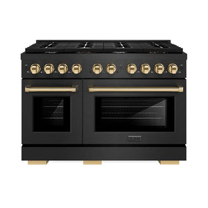 ZLINE Autograph Edition 48 in. 6.7 cu. ft. Paramount Double Oven Gas Range with 8 Burner Cooktop in Black Satin Stainless Steel and Polished Gold Accents (SGRBSZ-48-G) main image.
