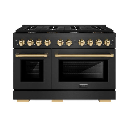 ZLINE Autograph Edition 48 in. 6.7 cu. ft. Paramount Double Oven Gas Range with 8 Burner Cooktop in Black Satin Stainless Steel and Polished Gold Accents (SGRBSZ-48-G) front.