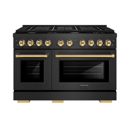 ZLINE Autograph Edition 48 in. 6.7 cu. ft. Paramount Double Oven Gas Range with 8 Burner Cooktop in Black Satin Stainless Steel and Polished Gold Accents, Open Box-Good Condition