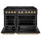 ZLINE Autograph Edition 48 in. 6.7 cu. ft. Paramount Double Oven Gas Range with 8 Burner Cooktop in Black Satin Stainless Steel and Polished Gold Accents (SGRBSZ-48-G) front, oven open.