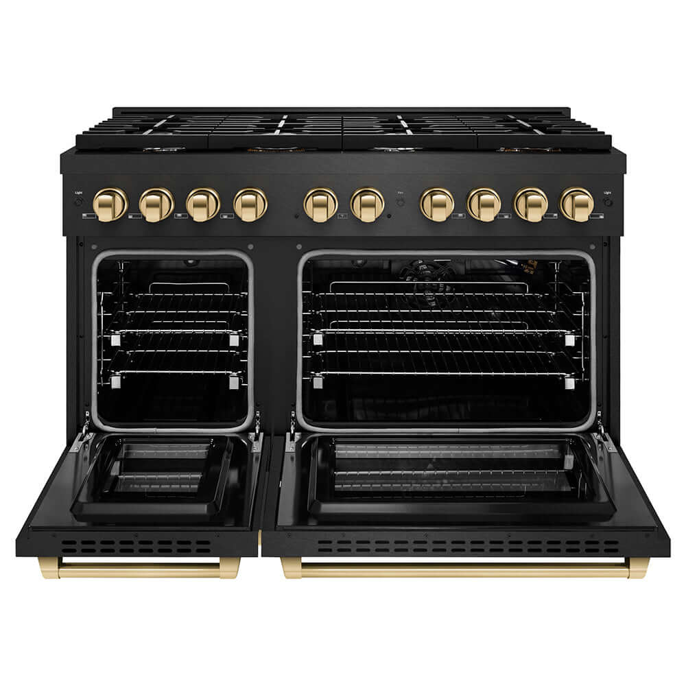 ZLINE Autograph Edition 48 in. 6.7 cu. ft. Paramount Double Oven Gas Range with 8 Burner Cooktop in Black Satin Stainless Steel and Polished Gold Accents (SGRBSZ-48-G) front, oven open.