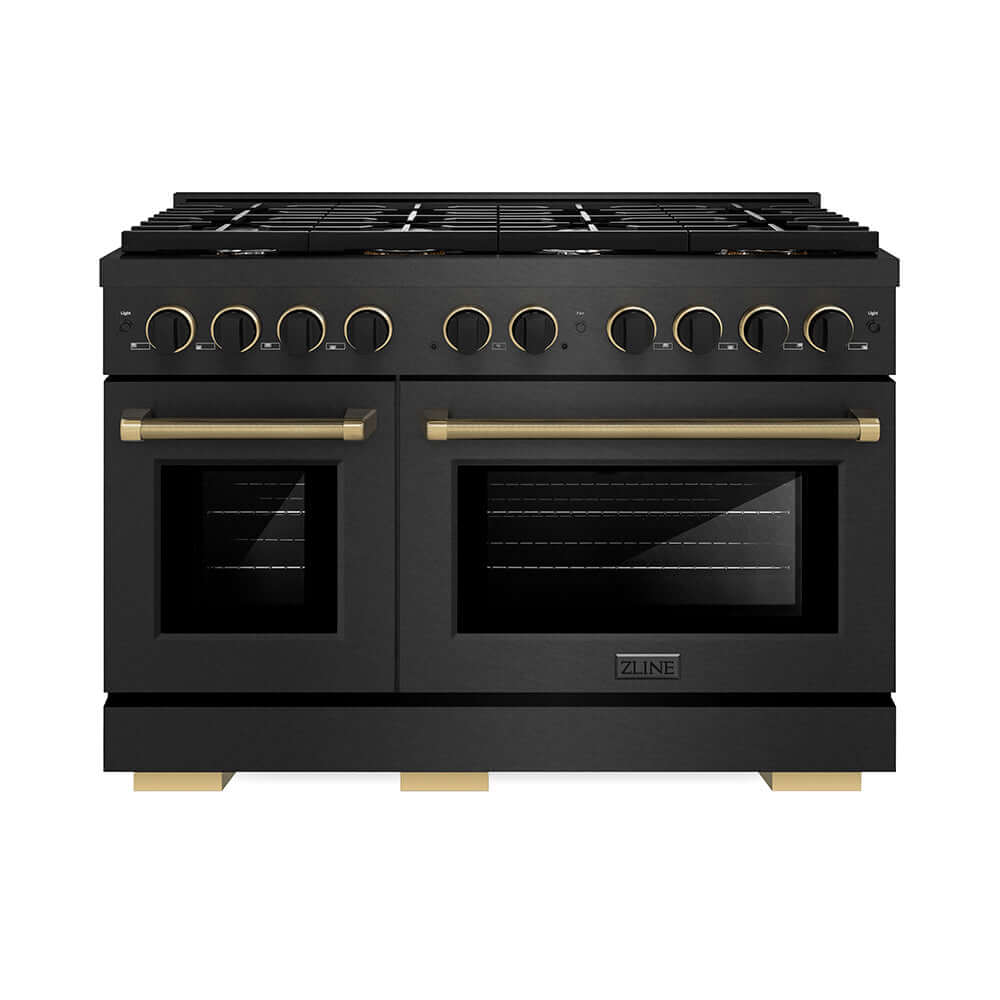 ZLINE Designer Collection 48 in. 6.7 cu. ft. Paramount Double Oven Gas Range with 8 Burner Cooktop in Black Satin Stainless Steel with Matte Black and Champagne Bronze Accents (SGRBSZ-48-MBCB) front.