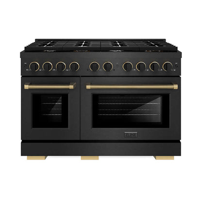 ZLINE Designer Collection 48 in. 6.7 cu. ft. Paramount Double Oven Gas Range with 8 Burner Cooktop in Black Satin Stainless Steel with Matte Black and Champagne Bronze Accents (SGRBSZ-48-MBCB) front.